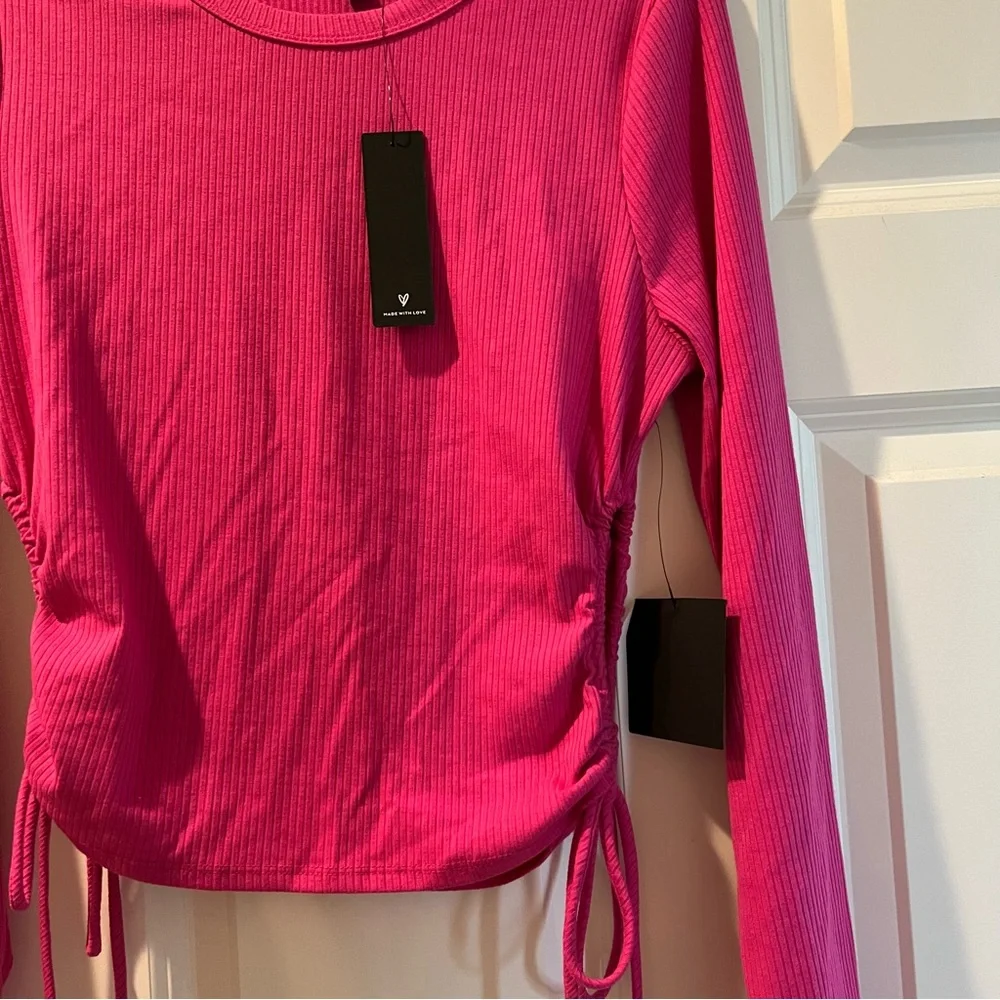 LULUS Magenta Drawstring Ruched Cutout Long sleeve Top
